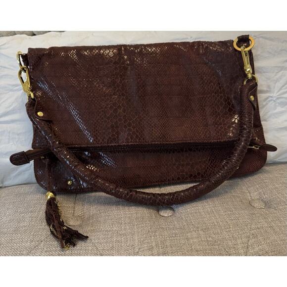 JM Joy Mangano Convertible Expandable Drop Python Bag Tote Sholuder Clutch Brown - Picture 1 of 7